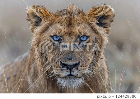 Close-up photo of a blue eyed lioness. In this close-up, her blue eyes sparkle with life, revealing the fierce spirit and grace of a magnificent lioness. Close-up photo of a blue eyed lioness. In this close-up, her blue eyes sparkle with life, revealing the fierce spirit and grace of a magnificent lioness. 124429380