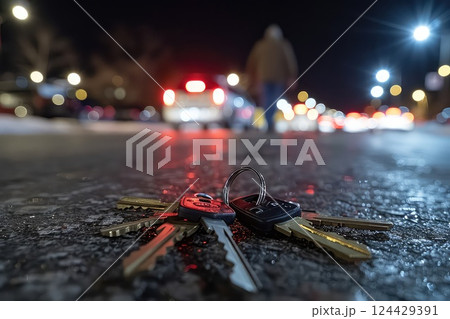 A lost keys on the street and a blurred crowd of people on a city street. A moment of stillness: keys on the street, life in motion. A lost keys on the street and a blurred crowd of people on a city street. A moment of stillness: keys on the street, life in motion. 124429391