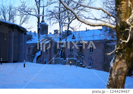 Behold a Serene Winter Landscape showcasing Historic Architecture amidst a snowy wonderland 124429487