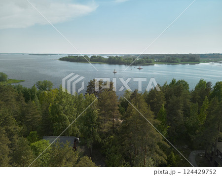 Breathtaking Scenic Aerial View of a Tranquil, Peaceful Lake Surrounded by Lush Green Forest Breathtaking Scenic Aerial View of a Tranquil, Peaceful Lake Surrounded by Lush Green Forest 124429752