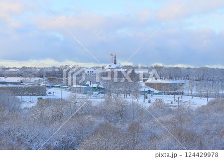 A breathtaking Winter Landscape showcasing SnowCovered Trees alongside serene Buildings 124429978