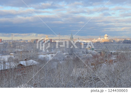 A stunning winter landscape showcasing majestic snowcovered trees alongside a distant city skyline 124430003