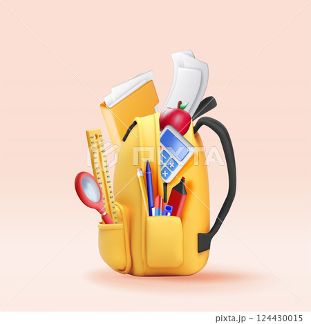 3D Yellow school backpack with stationery 3D Yellow school backpack with stationery 124430015