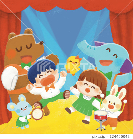 ステージで発表会を楽しむ子どもたちと動物 124430042