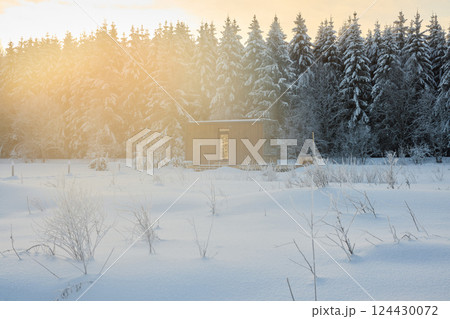 Serene and Cozy Winter Cabin Nestled Among Snowy Pines Bathed in the Warm Glow of Sunrise 124430072
