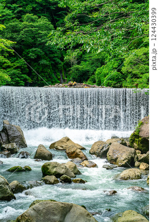 【神奈川県】生い茂る緑に囲まれた箱根の宮ノ下にある堰堤の滝 124430399