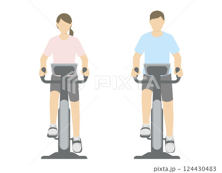 フィットネスバイクを漕ぐ女性と男性のイラスト 124430483
