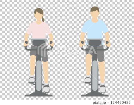 フィットネスバイクを漕ぐ女性と男性のイラスト 124430483