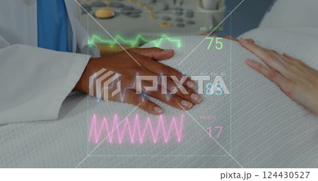 Image of cardiographs over biracial female doctor examining her pregnant patient 124430527