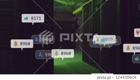 Image of digital icons and data processing over computer servers 124430624