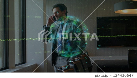 Image of data processing and globe over caucasian man talking on smartphone 124430647