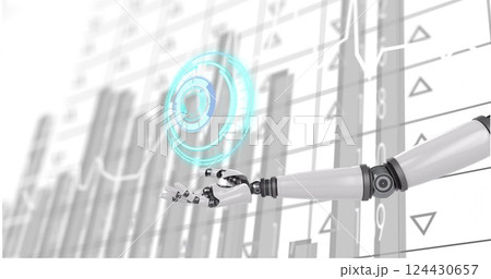 Image of data processing and diagrams over robotic arm 124430657