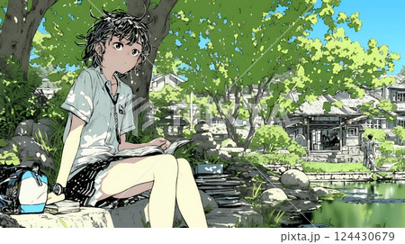 デジタルデトックス：電子機器から解放され、自然の中で読書を楽しむ女性 124430679