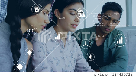 Image of eco icons and data processing over diverse business people in office Image of eco icons and data processing over diverse business people in office 124430728