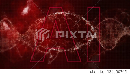 AI text with DNA strand and digital data processing over red background 124430745