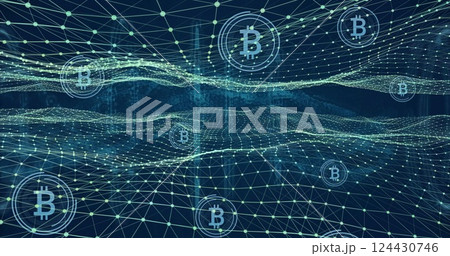 Bitcoin symbols and blockchain network image over digital landscape 124430746