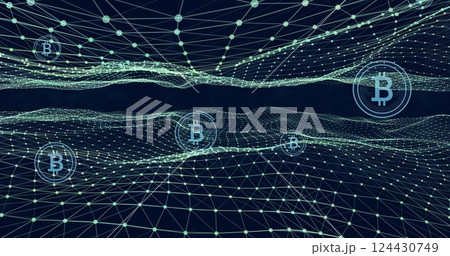 Bitcoin symbols and blockchain network image over digital landscape 124430749
