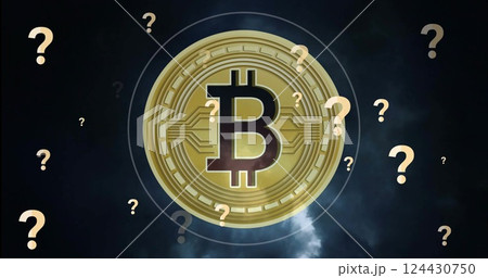 Bitcoin symbol with question marks, representing cryptocurrency uncertainty 124430750