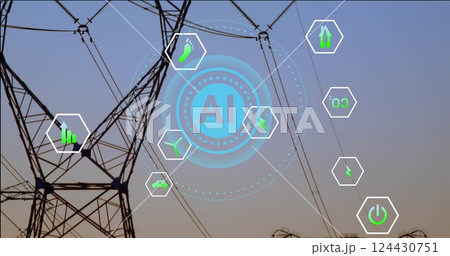 AI technology and energy icons over electrical power lines at sunset 124430751