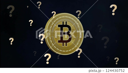 Bitcoin symbol with question marks, representing cryptocurrency uncertainty 124430752
