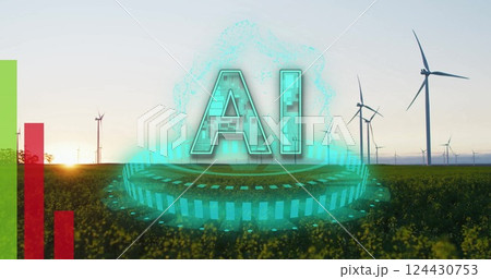 AI text and data processing over wind turbines in green field 124430753