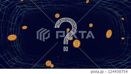 Question mark with maze pattern and bitcoins over dark blue digital network 124430754