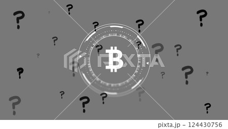 Bitcoin symbol surrounded by question marks, digital currency uncertainty concept 124430756