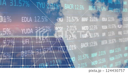 Robotic hand pointing at solar panel over stock market data and financial figures Robotic hand pointing at solar panel over stock market data and financial figures 124430757