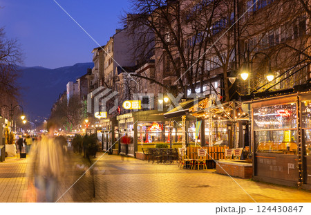 Local people walk in Vitosha Boulevard in the evening. Sofia, Bulgaria 124430847