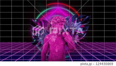 Neon grid and geometric shapes over image of classical statue with tropical leaves Neon grid and geometric shapes over image of classical statue with tropical leaves 124430869