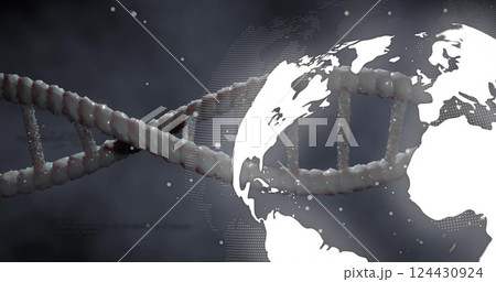 Image of dna strand and globe on black background Image of dna strand and globe on black background 124430924
