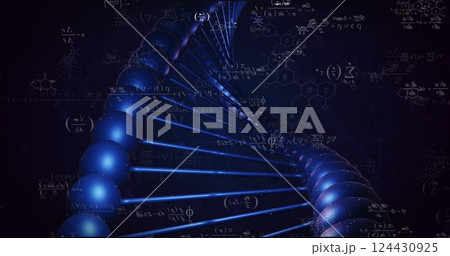 Image of dna strand and mathematical equations on black background 124430925
