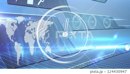 Image of moving clock over digital interface with world map on grey background 124430947
