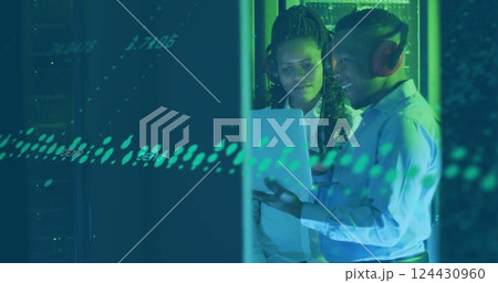 Image of financial data processing over african american colleagues working in server room 124430960