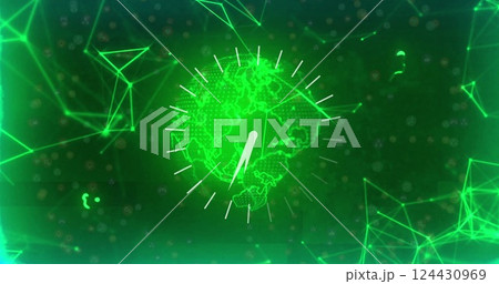 Image of moving clock over globe and network of connections on black background 124430969