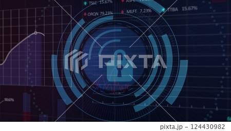 Image of digital data processing over padlock icon on black background 124430982