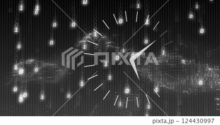 Image of moving clock over network of connections on black background Image of moving clock over network of connections on black background 124430997