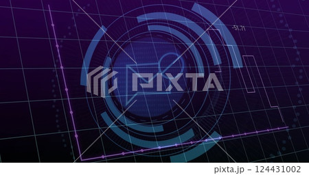 Image of digital data processing over email icon on black background 124431002