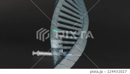Image of dna strand over vial and syringe on black background Image of dna strand over vial and syringe on black background 124431027