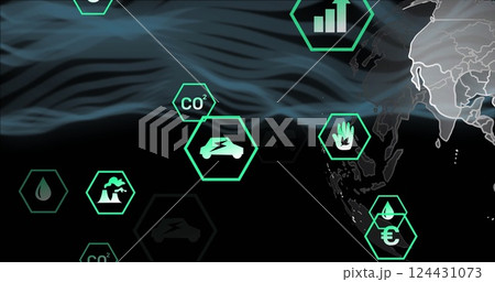Image of eco icons and data processing over globe Image of eco icons and data processing over globe 124431073
