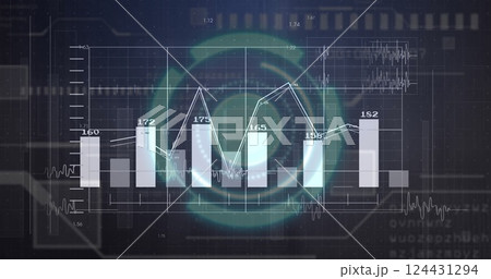 Image of financial data processing and statistics over dark background Image of financial data processing and statistics over dark background 124431294