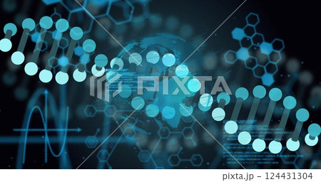 Image of digital data processing overglobe and dna strand spinning Image of digital data processing overglobe and dna strand spinning 124431304