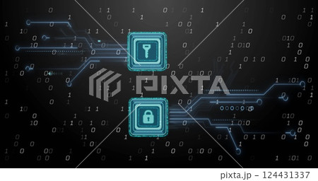 Image of data processing over key and padlock icons on black background Image of data processing over key and padlock icons on black background 124431337