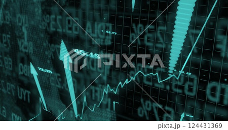 Image of arrows and financial data processing over black background 124431369