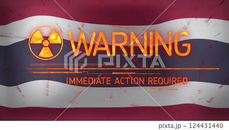 Warning and immediate action required image over waving flag background 124431440