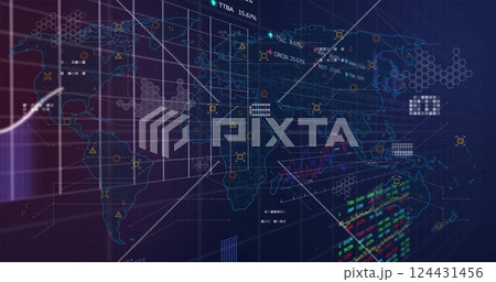 Global data visualization and analytics image over world map and graphs 124431456