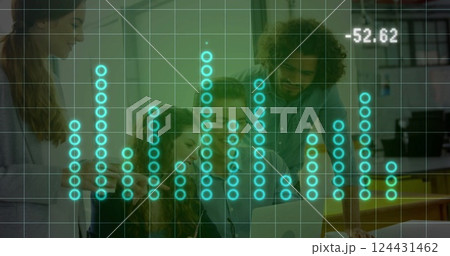 Team collaborating over digital sound equalizer image with numerical display Team collaborating over digital sound equalizer image with numerical display 124431462