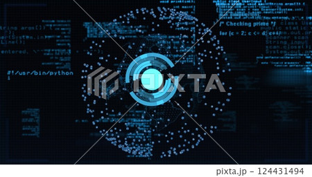 Circular data visualization and coding image over digital background with programming text 124431494
