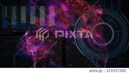 Digital particles forming abstract shapes over futuristic interface with circular elements 124431508