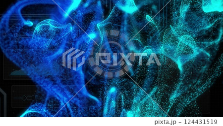 Futuristic digital interface with blue and green particles and circular image Futuristic digital interface with blue and green particles and circular image 124431519